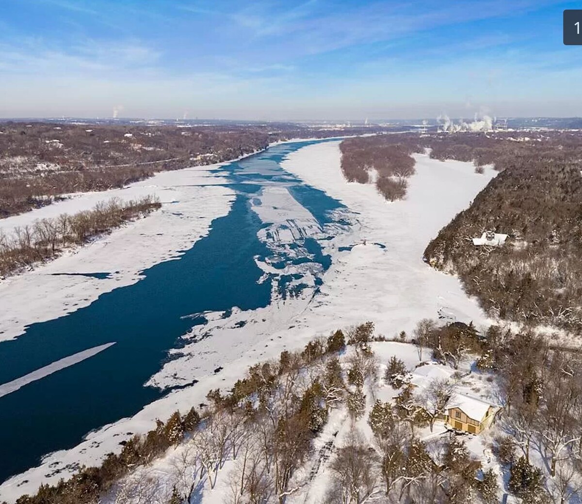 Aerial winter view of the Mississippi River by Grey Cloud Island