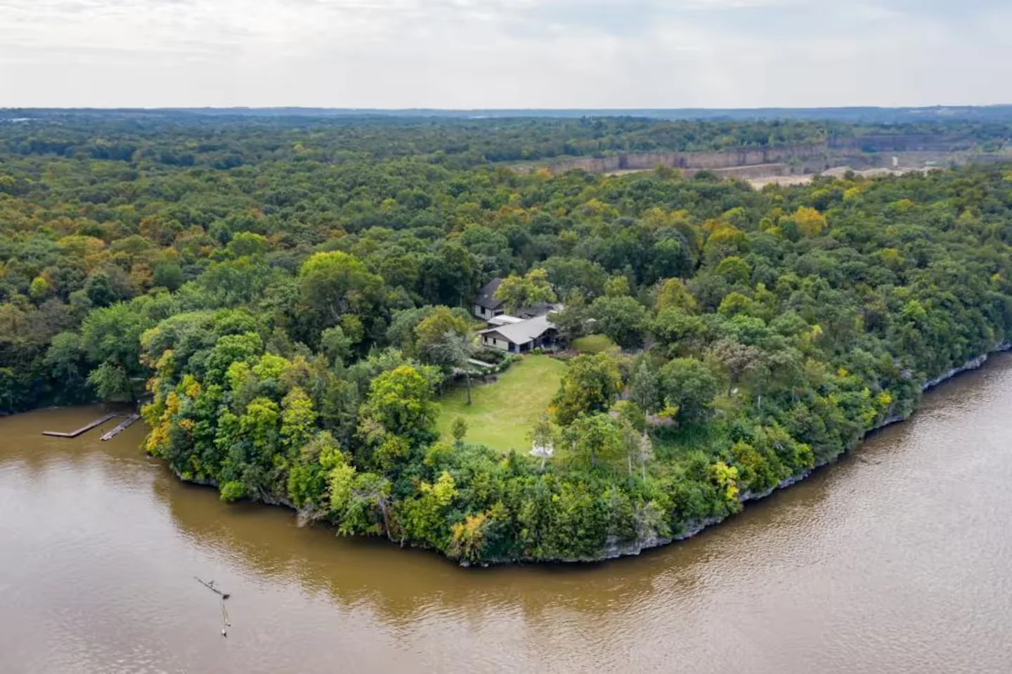 Aerial view of secluded Grey Cloud Point surrounded by the Mississippi River