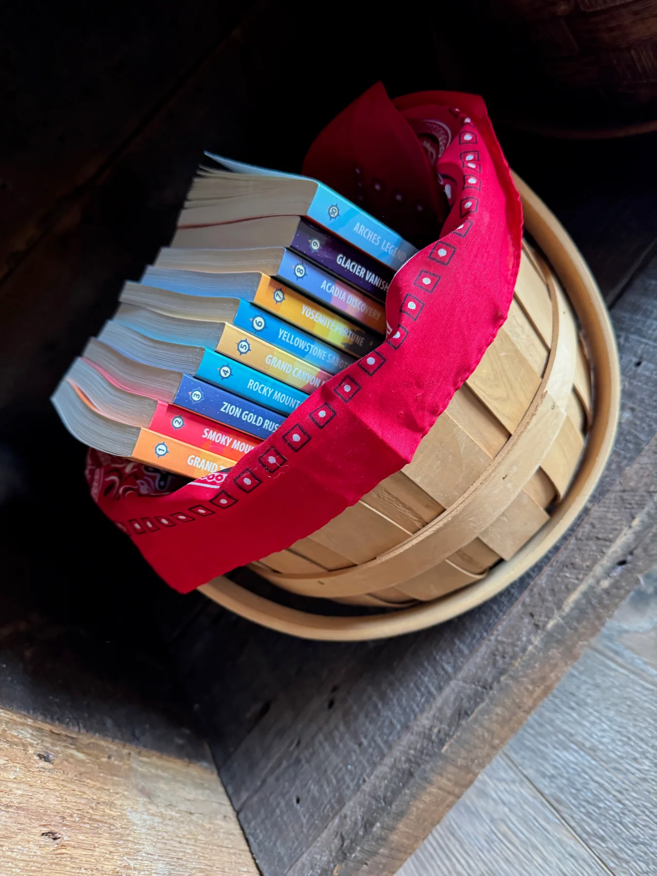 The first ten Campground Kids national-park books tucked into a wooden basket with a red bandanna